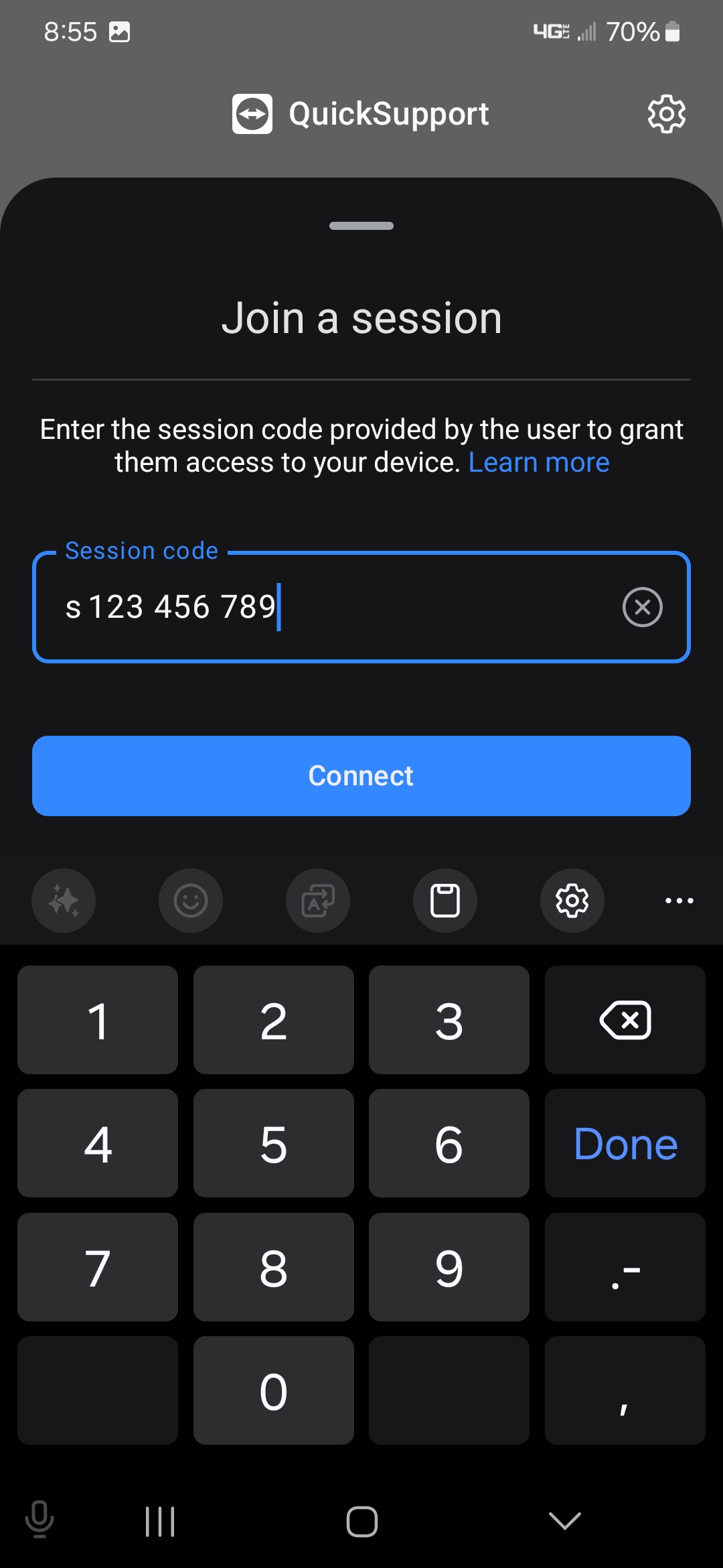 Entering in the Session code